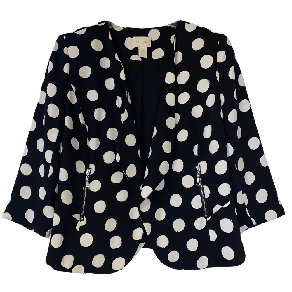 CHICO'S Polka Dot Jacket Coat Black White Open Front 3/4 Sleeve Classic Sz 0 XS